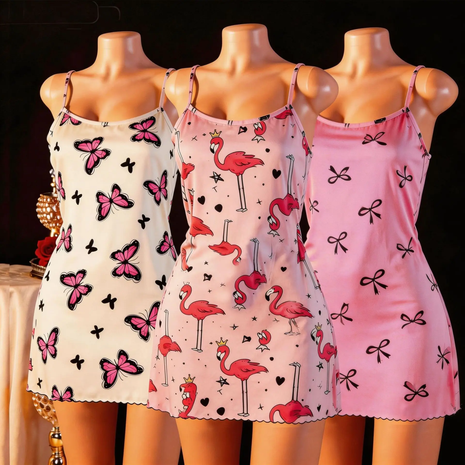 Women's Printed Pattern Satin Nightgown, Flamingo & Butterfly Mini Slip Dress with Spaghetti Straps, Female Sleepwear, Embroidery, Night Gown, Sleep Dress, Satin Fabric, No, Loungewear, Sleeveless Print Nightdress
