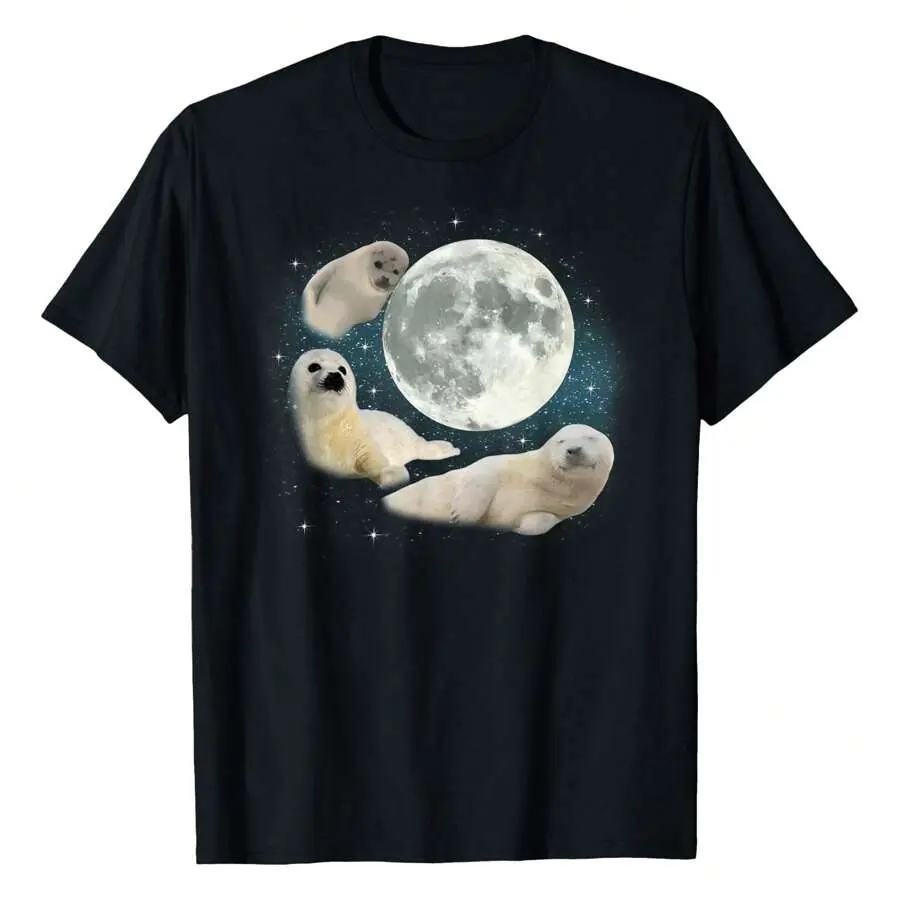 Three Cute Baby Seals Moon |   3 Seal Funny Weird Cursed Meme T-Shirt Women Short Sleeve T-Shirt, For Summer, For Sports, Work, Relaxation