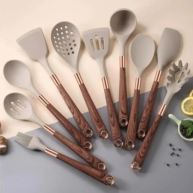 11Pcs Wood Grain Handle Silicone Cooking Utensils Set,Heat Resistant Non-Stick Kitchen Spatula Ladle Turner Set,Kitchen Tools and Gadgets Cookware Tools for Daily Cooking Home Kitchen Use