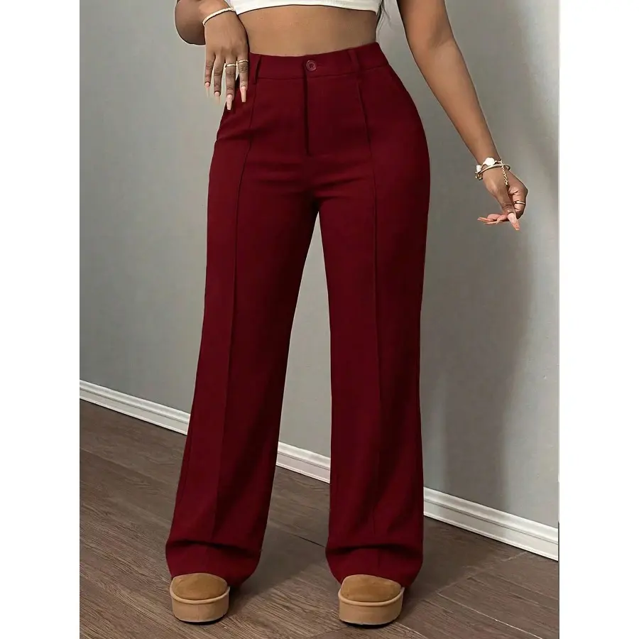Women's Minimalist Solid High-Waisted Wide-Leg Loose Trousers - Button-Closure Burgundy Casual Preppy Pants for Work & Everyday Wear