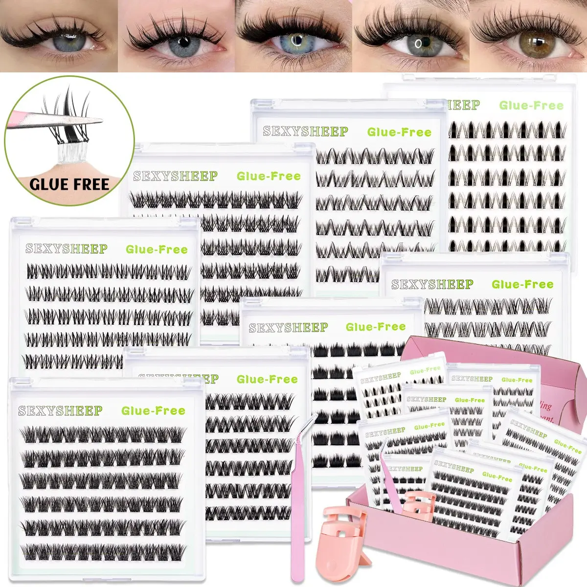 9 Styles Self-Adhesive False  Invisible Strip Tape, Longer Lasting, No Sticky Residue Pre Glued Eyelashes, No Glue Needed Press On Lashes, Easy Apply for Beginners