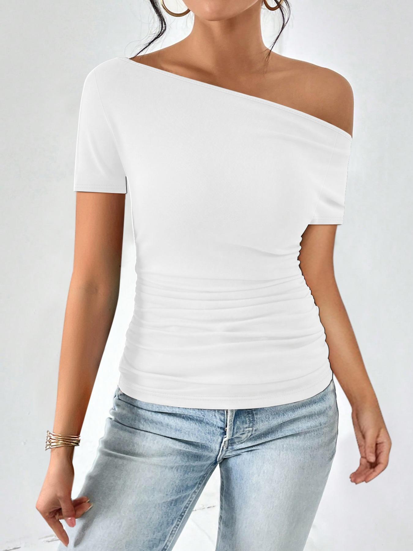 Women's Plain Asymmetrical Neck Tee, Casual Short Sleeve T-shirt for Summer, Women's Top for Daily Wear, Tops for Women, Tshirt, Lady