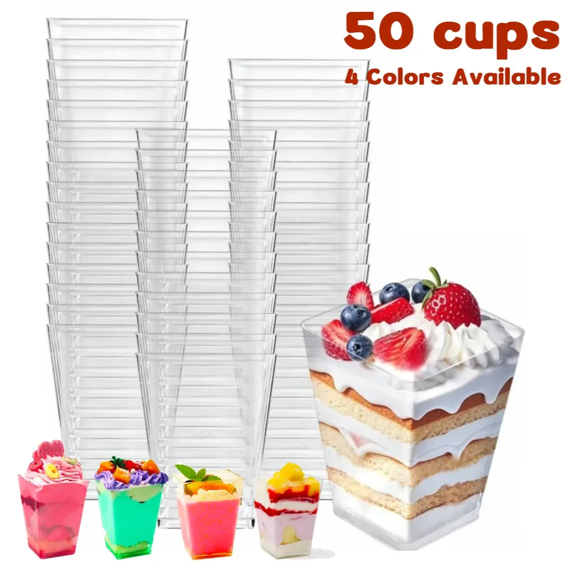 50 Pack Clear Transparent Square Plastic Dessert Cups, 4 Colors Available, Disposable Shooter & Puff Pastry Containers for Parfait, Cheesecake, Pudding, Jello, Yogurt, Appetizers, Snacks & All Party Mini Desserts