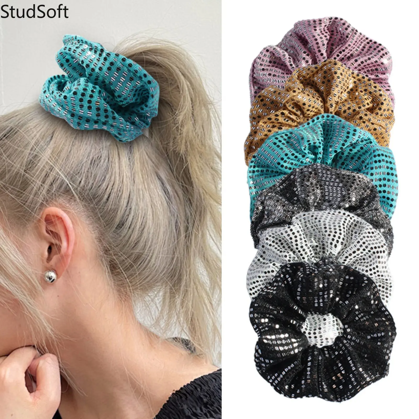 6pc Y2K Sequin Scrunchies Pack Large Elastic Hair Bands Sparkly Glitter Metallic Ponytail Holder Ties Bulk Discos Rave Dance Party Accessories,back to school,back to school haul