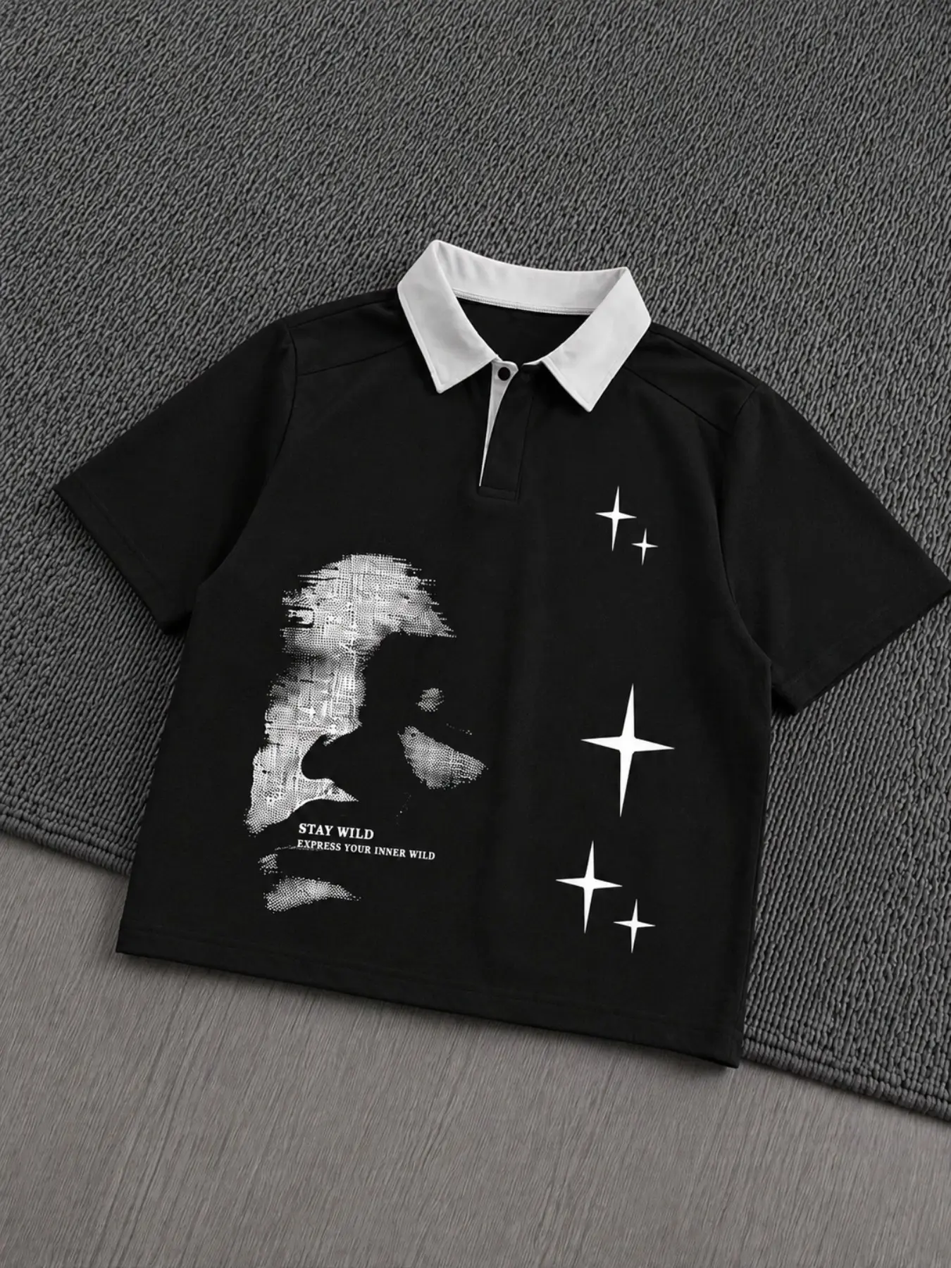 Men's Black Gothic Graphic Polo Shirt, Summer Polo Shirts, Oversized Short Sleeve Top with Cream Contrast Collar, Portrait, Cross and Starburst Front Prints, Retro Y2K College Streetwear for Campus, Travel, Festivals, Parties, Photos and Casual Styling.