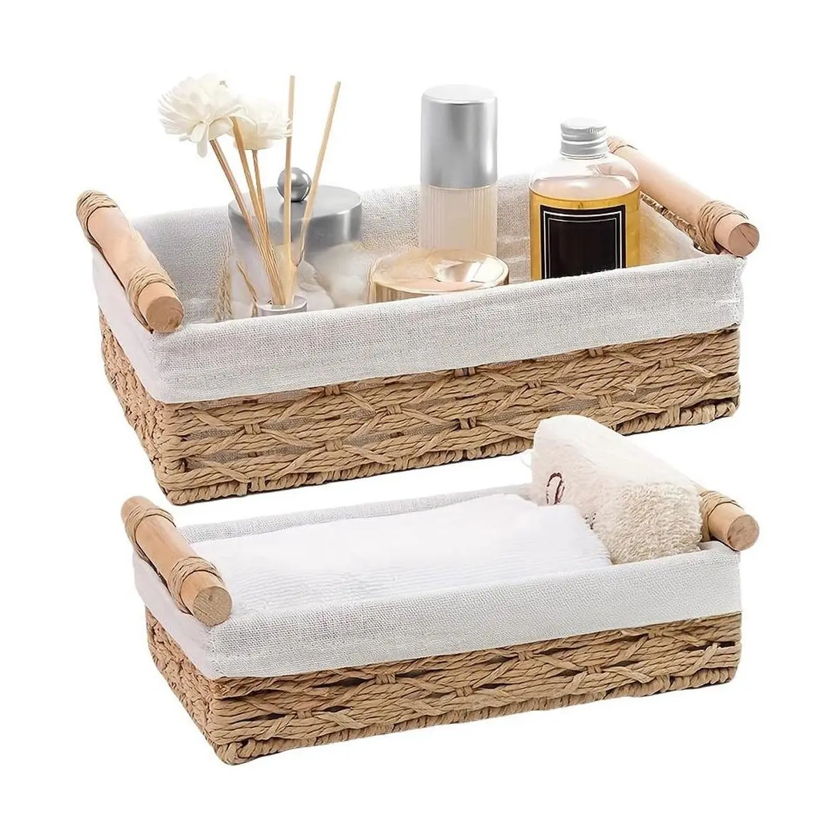 2-Piece Rectangular Woven Storage Baskets with Lining and Wooden Handles, Ideal for Shelves, Wardrobes, Bathrooms