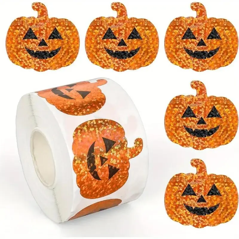 500pcs Holographic Glitter Pumpkin Stickers, Trendy Halloween Style, 1.2 Inch Size, Bright Glitter Effect, Durable Adhesive, DIY Party Decorations