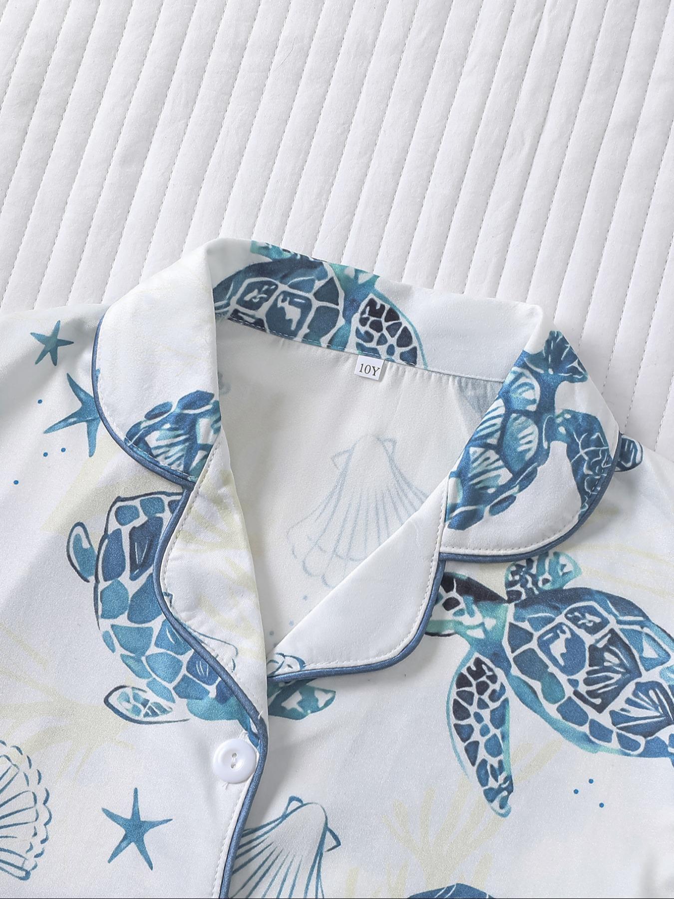 Kids Cartoon Star Turtle Print Pajama Two-piece Set, Cute Comfy Short Sleeve Lapel Neck Pj Set, Kids Sleepwear for All Seasons, Sleepwear Pajamas