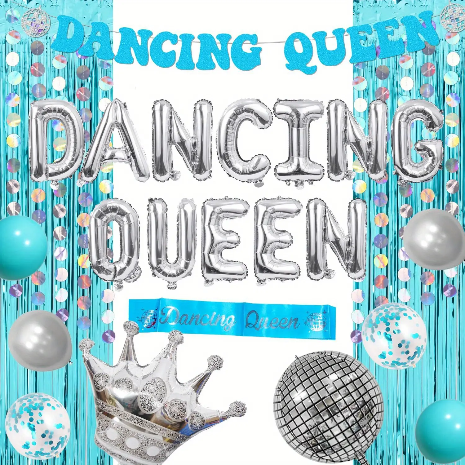 Dancing Queen Party Decoration Set, Blue Aluminum Foil Curtain, Disco Banner, Sash, Circle Dot Garland, Latex Balloons, Gifts for Bachelorette Party Supplies with Balloon Letter, Draping Festive Backdrops & Banners, Bridal Shower, Reusable, Balloon Decor