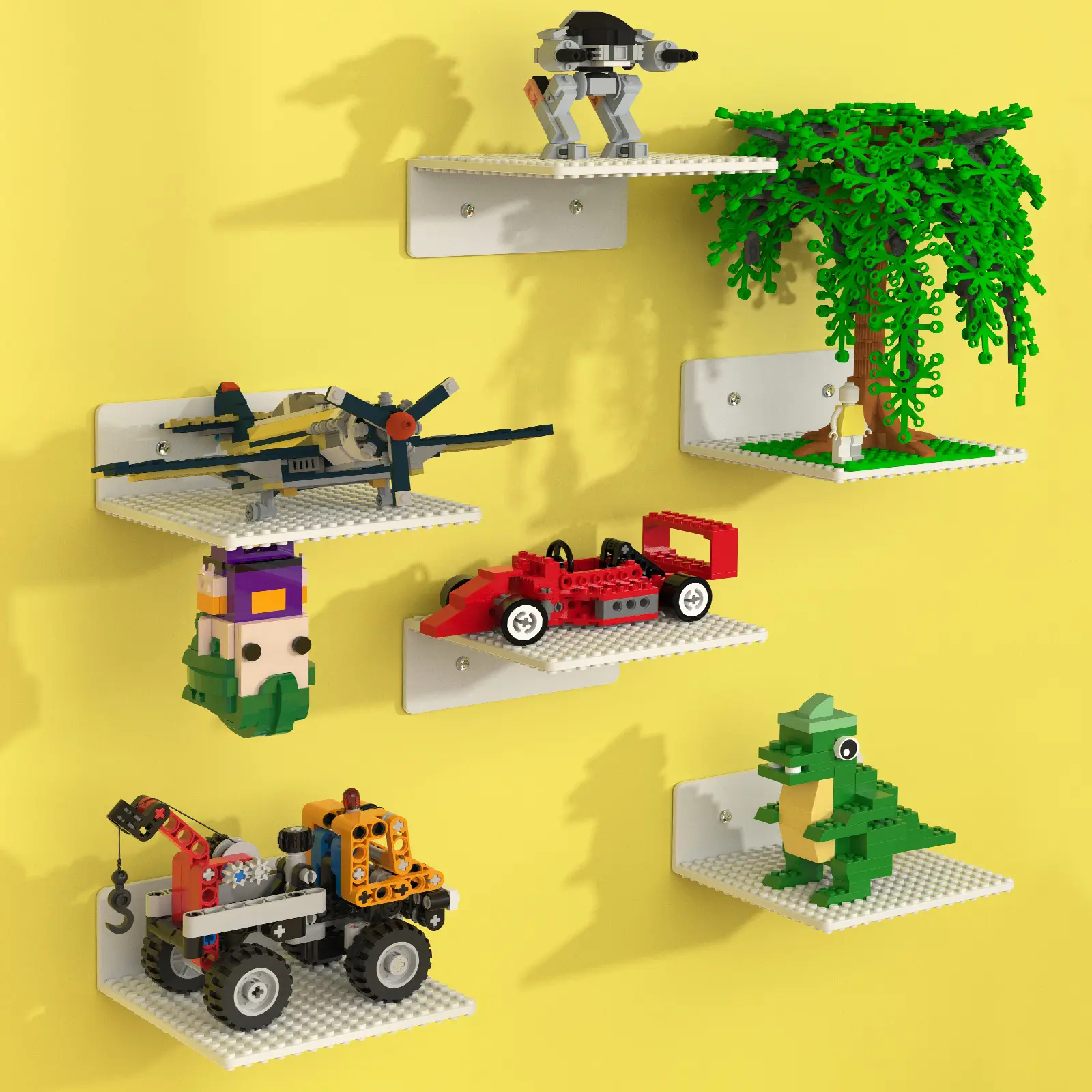 Dual-Sided 6 Pack Floating Shelves, 5x5.5 Inch ABS Baseplate with Adhesive Strips & Wall Plugs, Dual-Sided for Secure Display ,White