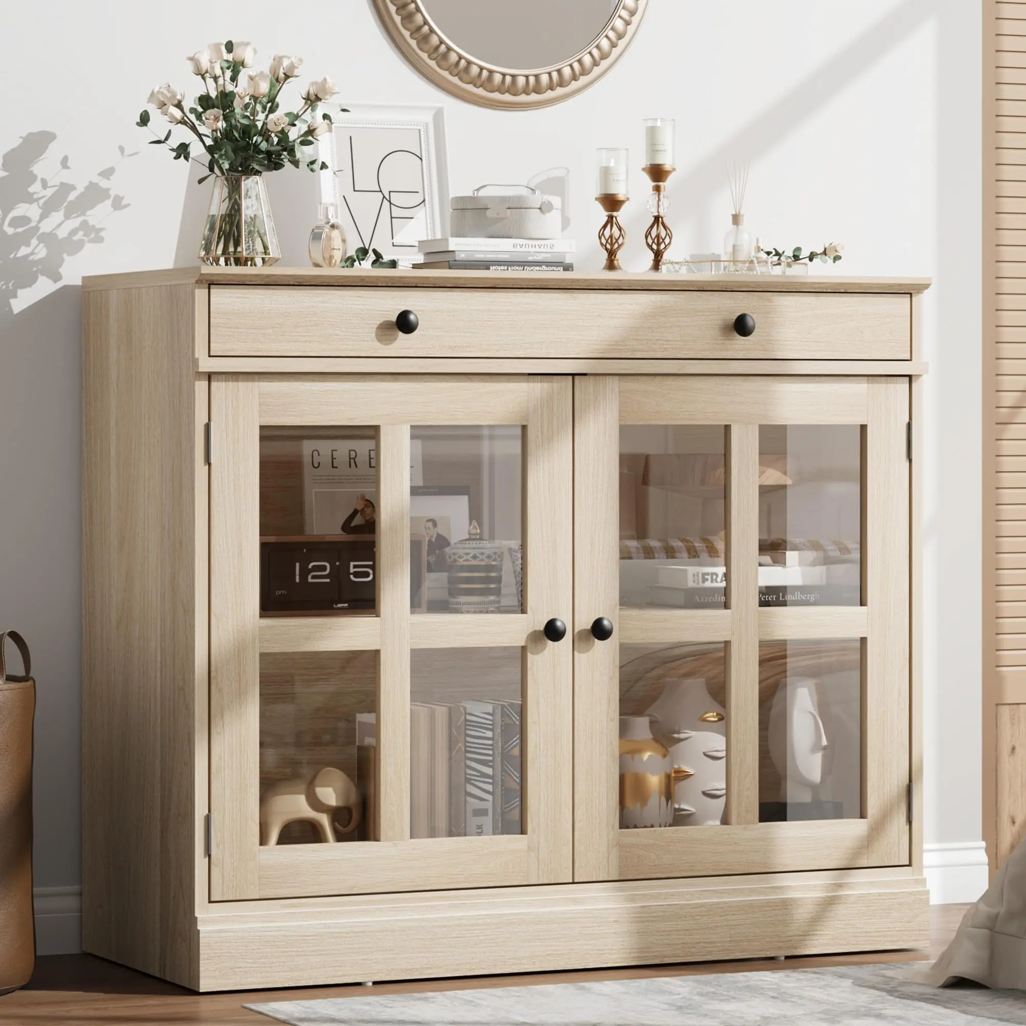 Buffet Cabinet, Modern Buffet Sideboard with 2 Glass Doors, Shelf Adjustable Accent Storage Cabinet with a Large Drawer, White Cupboard for Dining Room, Kitchen, Entryway