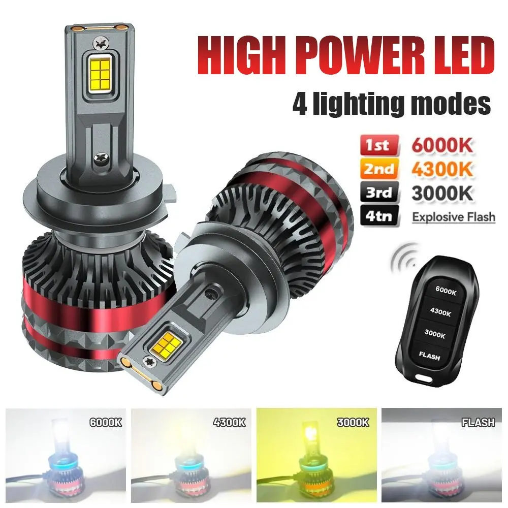 High-Power Tricolor LED Headlights Head Lights for Car Led Front Lights with Remote Control, Models H1, H11, 9005, 9006, H7, Blud, H4, Compatible with Can Bus and Cooling Fan, LED Headlight Bulb