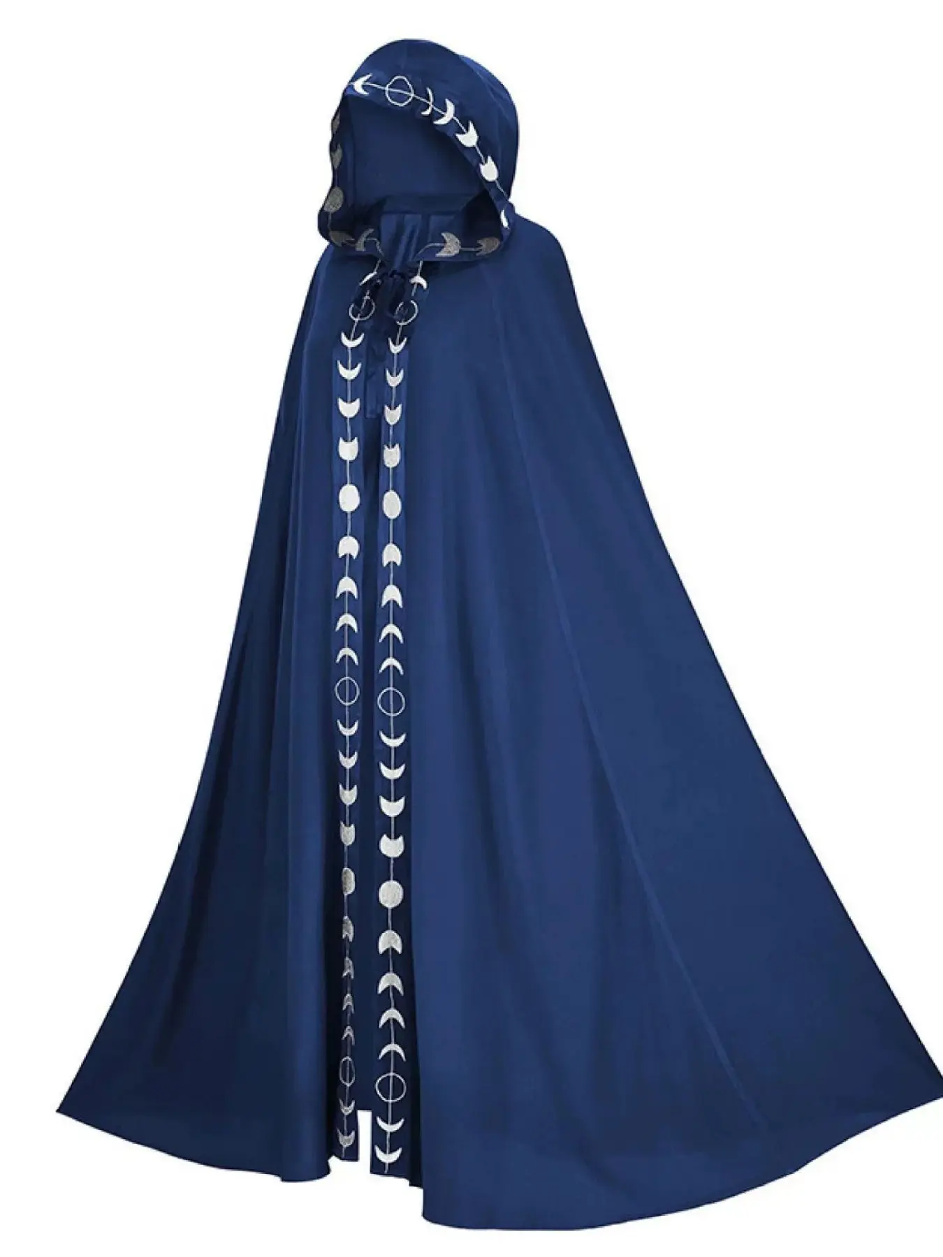 Gothic Witch Cape Long Coat, Halloween Cosplay Costume, Moon Phase Trimmed Hooded Wizard Robe, Dark Theme Party Dress, Medieval Style Outerwear, Costume For Parties