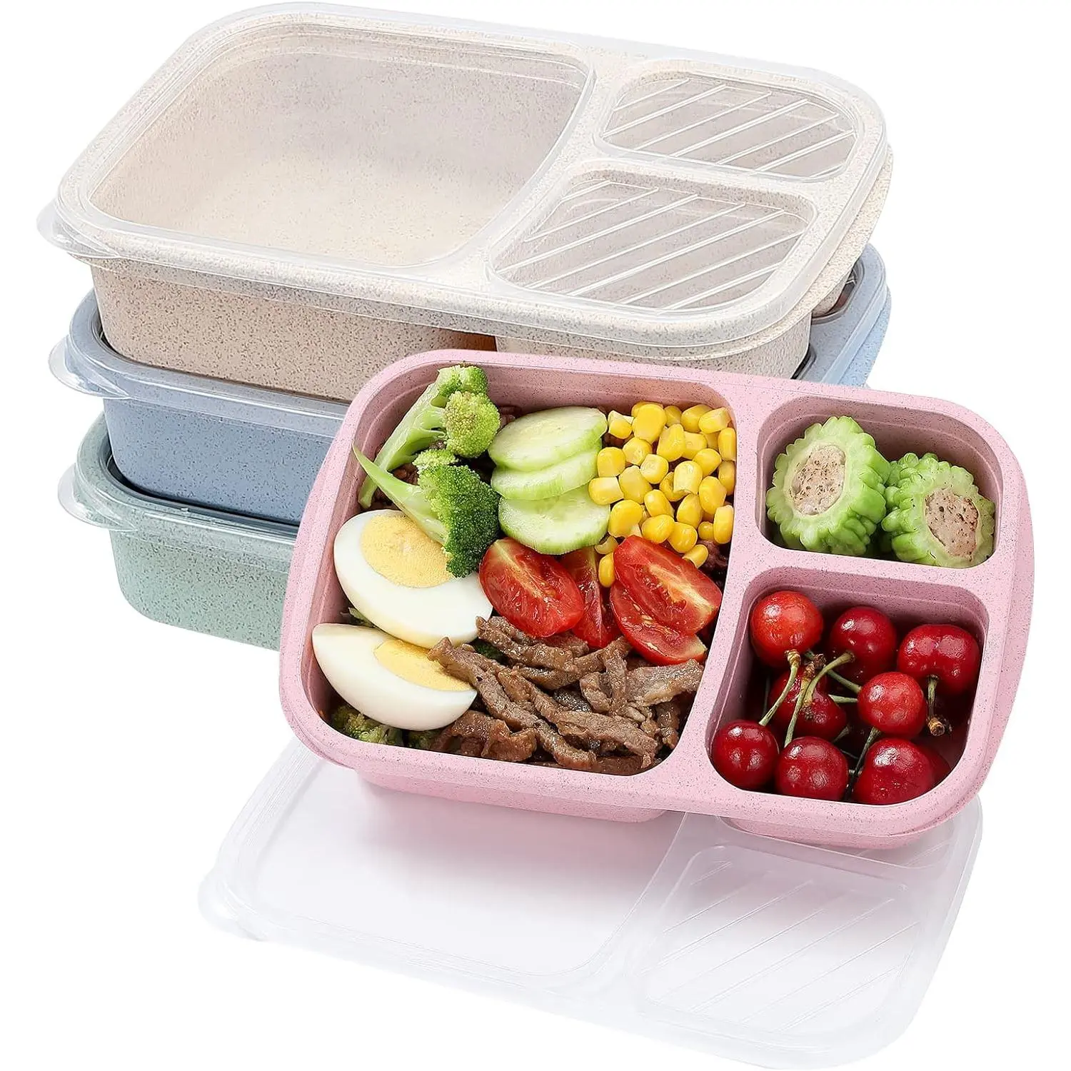 4-Count Wheat Straw Bento Lunch Box Set Pack - 3-Compartment Polypropylene Food Containers, Microwave-Safe, Dishwasher-Safe for Bento Box Packing Meal Prep Tableware