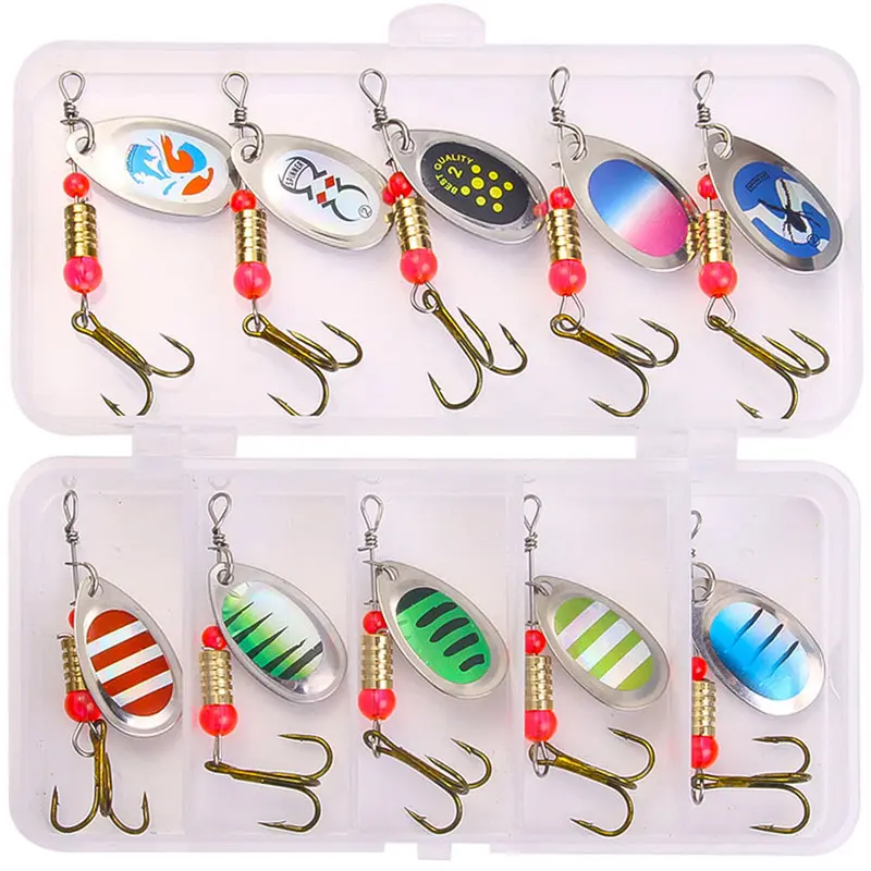 10pcs Metal Spinner Baits Spoon Fishing Lures Lot Mixed Color Spinner Baits with Treble Hooks for Bass Salmon Trout