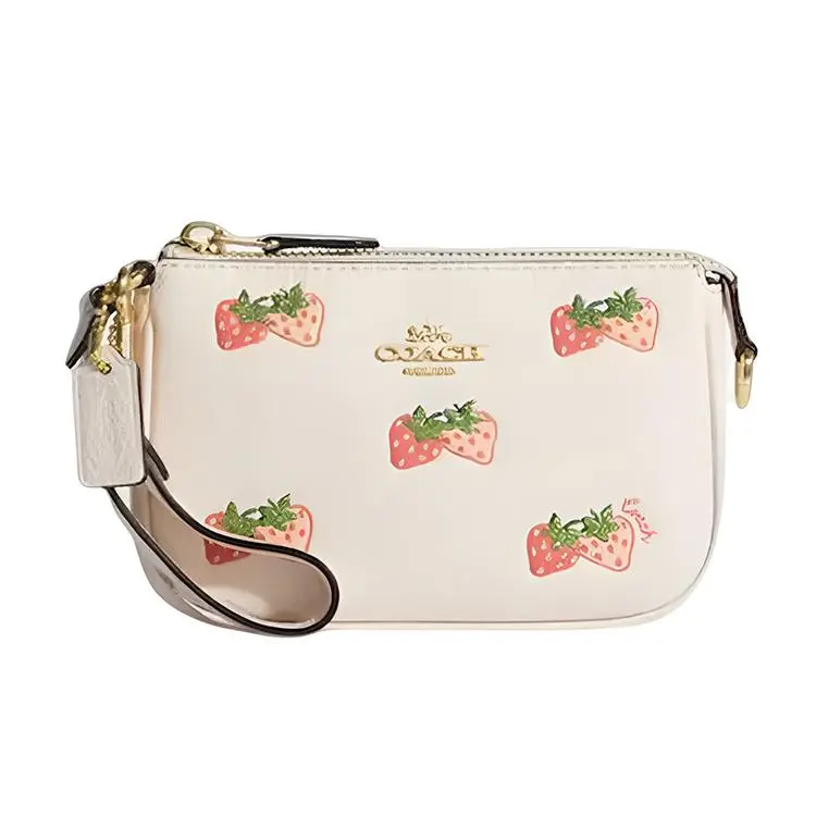 COACH Nolita 15 Strawberry Print Zip-Top Strapless Pebbled Leather Clutch Bag for Women, White