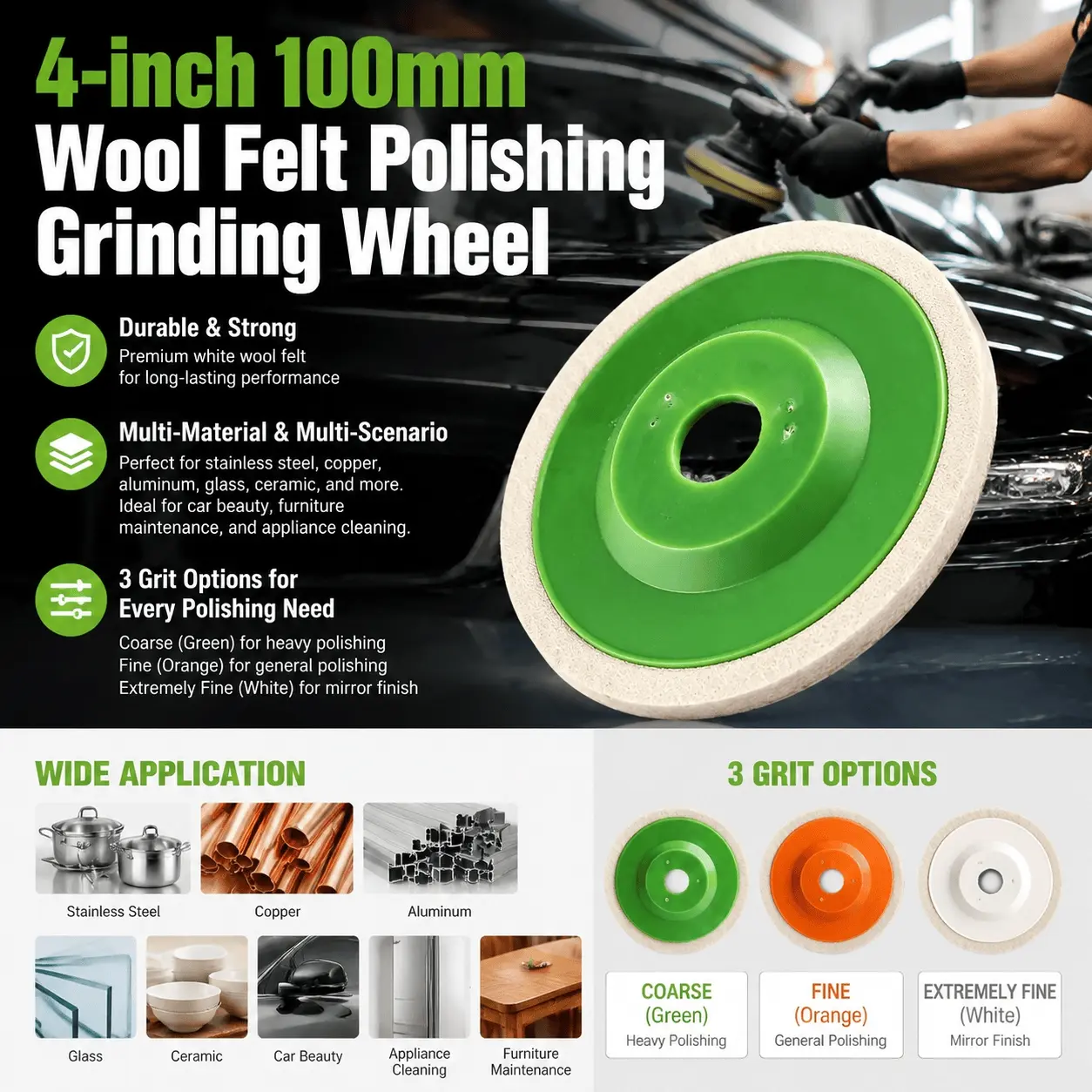 4-Inch Wool Polishing Buffing Wheel for Angle Grinder, Ultra Fine White Medium Orange Coarse Green Felt Pads, High Gloss Finish for Metal Wood Plastic Surfaces, Durable Easy Install DIY & Professional Use