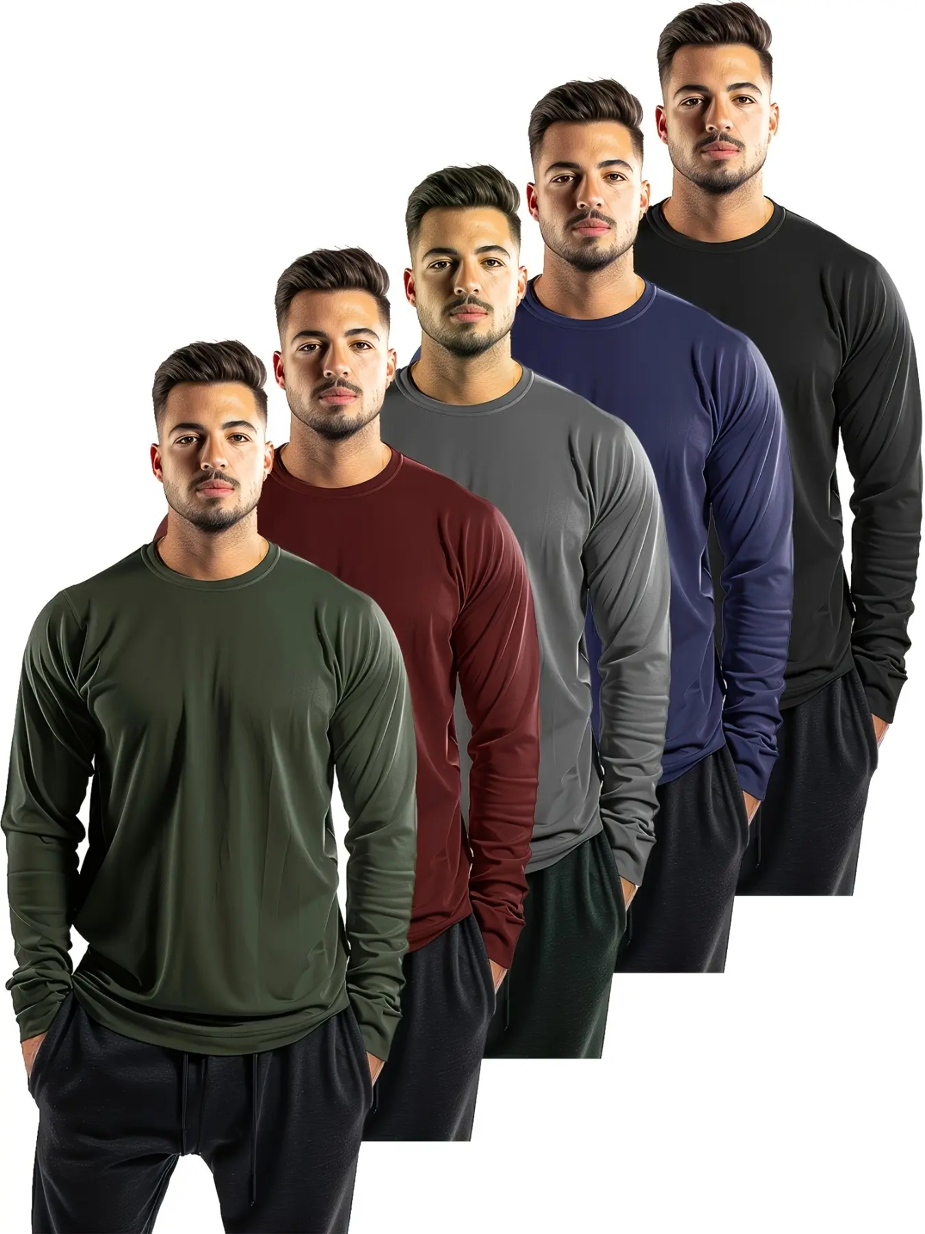 5-Pack Men's Fashion Menswear Classic Long Sleeve T-Shirts, Comfortable and Skin-Friendly, Ideal for Daily Commute and Casual Wear, Multiple Colors Available