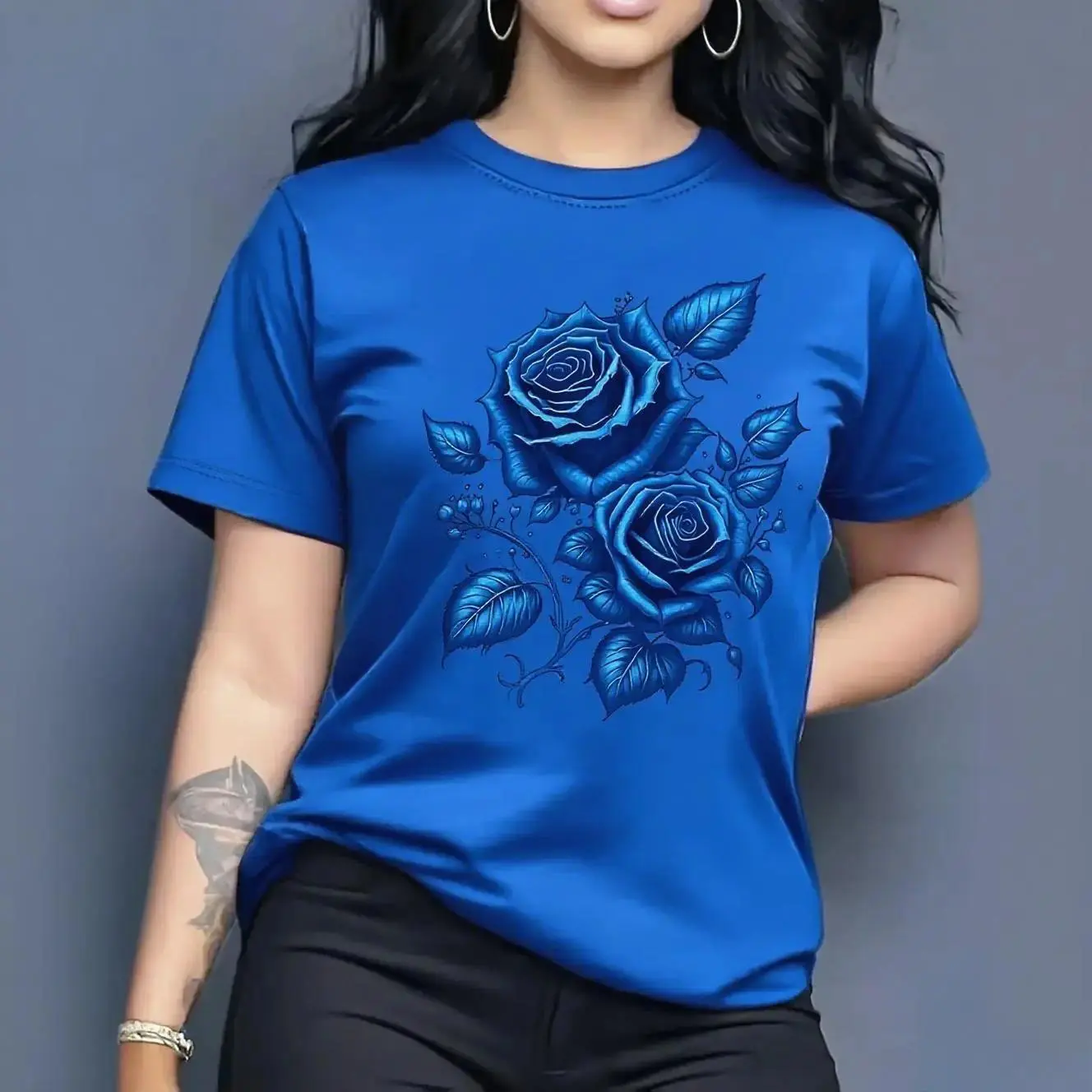 Women's Classic Fit T-Shirt, 100% Cotton All Over Rose Print Tee, Breathable Casual Crew Neck Top, Machine Washable for All Seasons, Tshirt, T Shirts For Women, All Over Print, Loose-Fitting, Lightweight, Normal Type, Shortsleeve, Round Neck, Breathable F