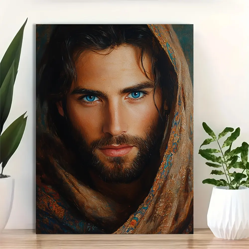 2D Flat, 1pc Large Jesus Portrait Print with Blue Eyes - Vintage Bohemian Religious Wall Art Picture, Jesus Painting for Church, Decor, Canvas Poster for Bedroom,, Dorm - ian Gift, 2D Flat