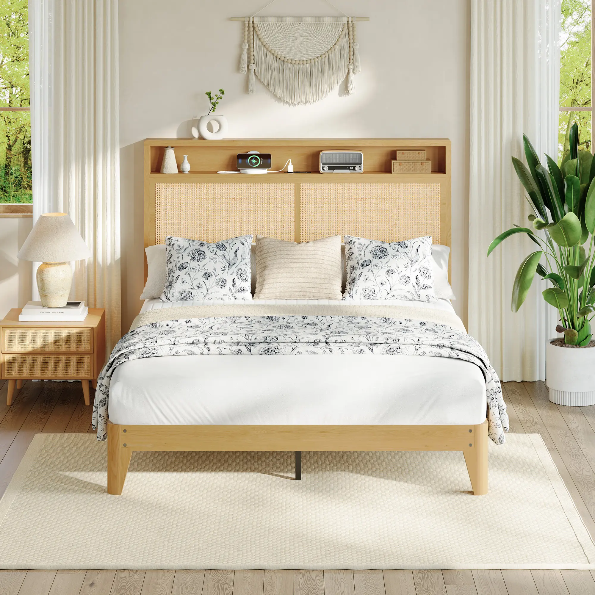 Boho Rattan Bed Frame with Natural Rattan Headboard, RGB LED Lights, Charging Station, 2-Tier Storage, Under Bed Storage, No Box Fresh Needed, Easy Assembly