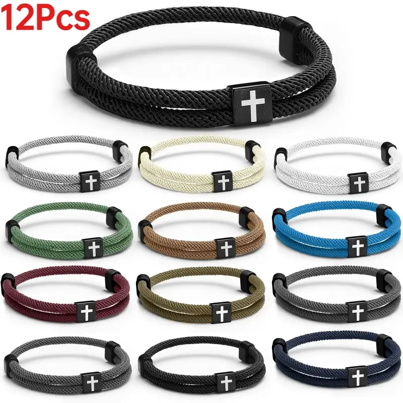 12Pcs Adjustable Woven Cross Motif Bracelet Set, Unisex Christian WWJD Casual Religious Wristbands, Braided Jesus Faith Jewelry, Thanksgiving Gifts for Daily Wear, Yes, Woven Bracelet, Matching Couple Bracelets