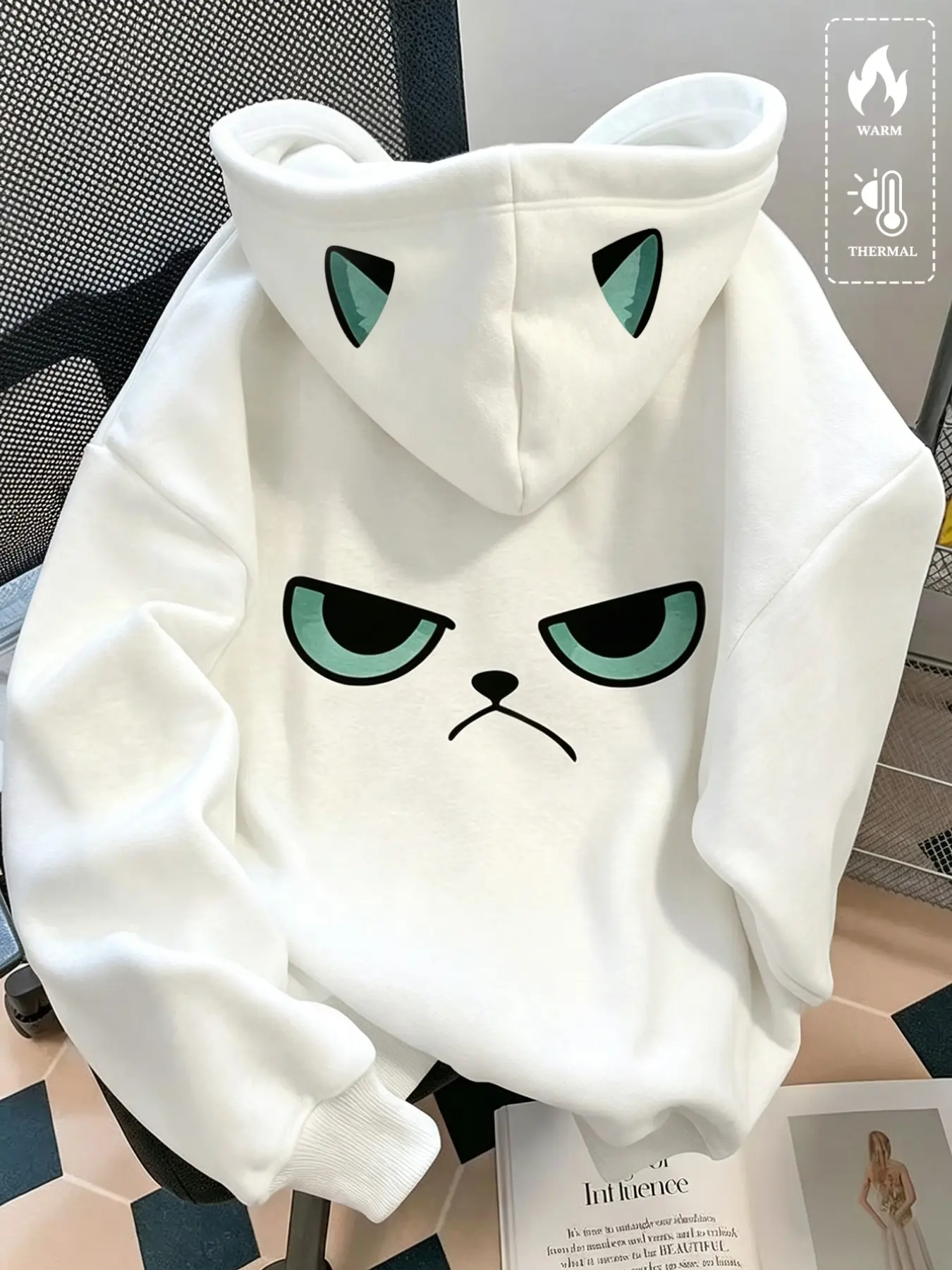 Men's Warm Hooded Sweatshirt, 3D Cat Ears Design, Angry Cat Print, Long Sleeve, Loose Fit, Casual Streetwear, Fall & Winter