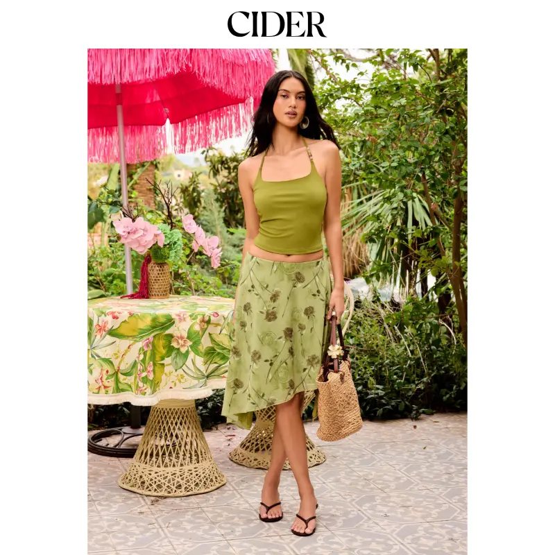 Cider Halter Neckline Top & Floral Flared Midi Skirt Set SohoChic