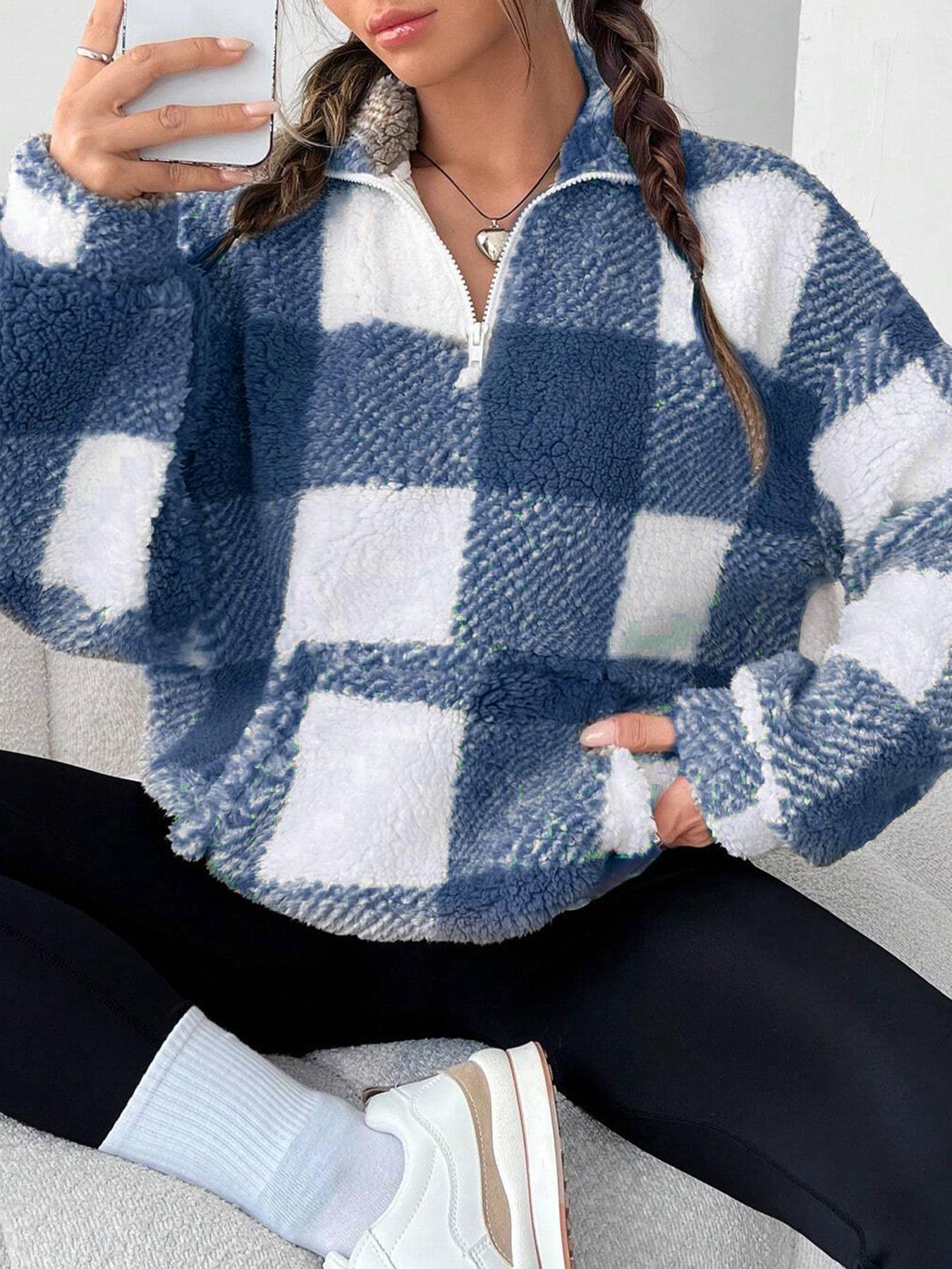Women's Plaid Half Zip Drop Shoulder Fleece Sweatshirt, Casual Style Long Sleeve Collar Pullover for Spring & Fall, Ladies Clothes for Daily Wear, Womenswear, Tops