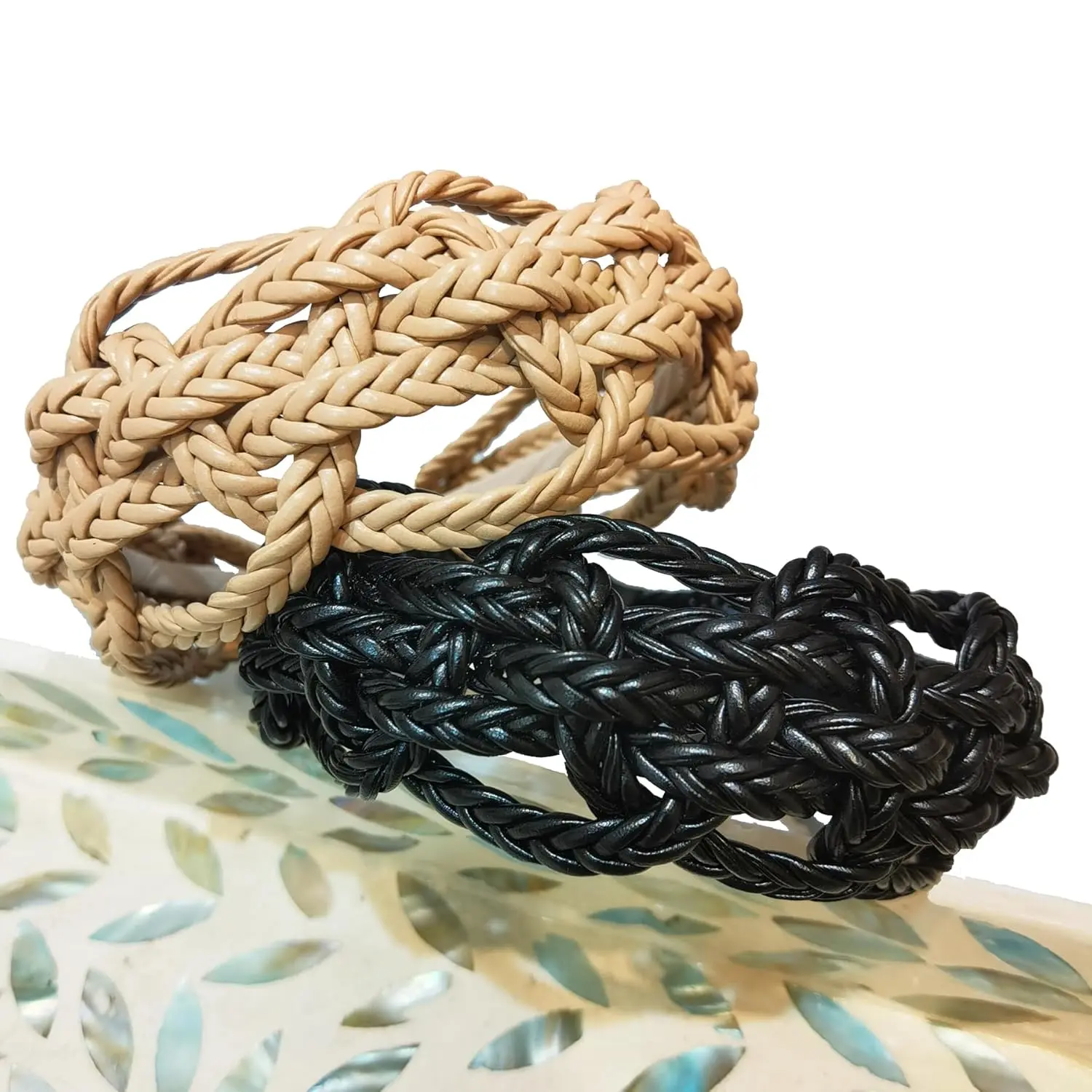 Women's 2-Pack Knitting-Style Headbands, Comfortable 2.3in Wide Black & Beige Boho Padded Hair Hoops, Headwear, Headbands For Women, Knit Fabric, 2.3 Inch