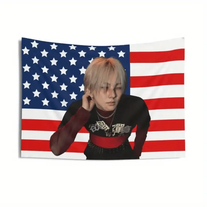 1pc Jungwon American Flag - ENHA Kpop Red And Black Decorative Banner for World Tour - Heavy-Duty Fabric Suitable for Indoor And Outdoor Events with a Free Installation Kit