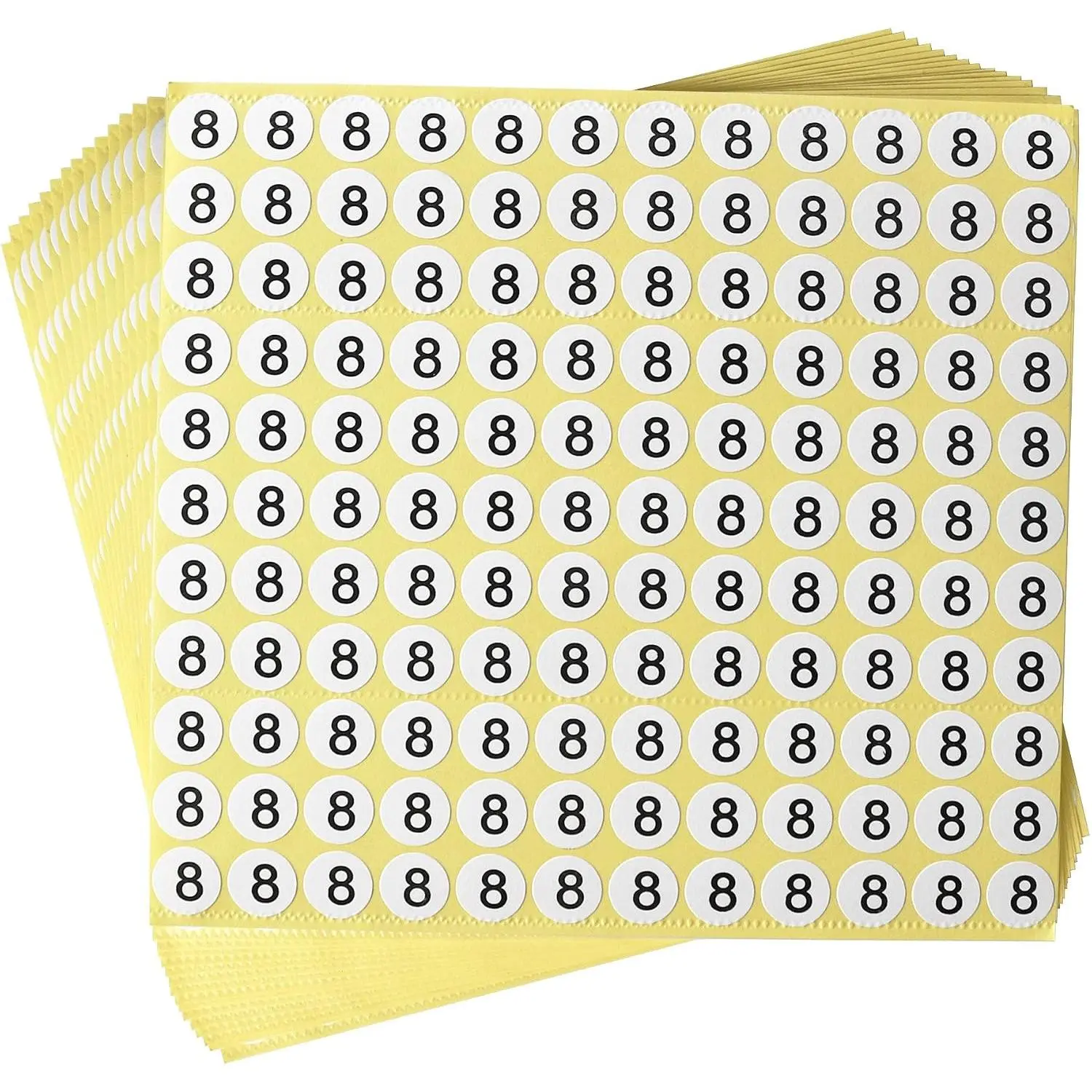 Number 8 Round Self Adhesive Stickers - Set of 15 Sheets (1980 Stickers) - Yellow, Glossy, Minimalist, Number, Indoor, Single Use, Paper, Sticker