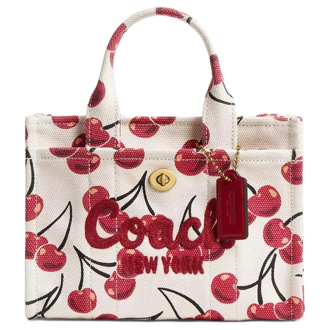 COACH Cargo 20 Crossbody Bag for Women – Canvas Tote with Metal Logo and Cherry Print, White and Red