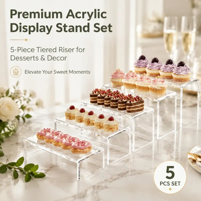 5Pcs Tiered Dessert Display Stand, Layered Rectangular Showcase, Crystal Clear Acrylic Cupcake Stand Display Set For Cupcakes, Makeup, Figurines And Store Goods, Elevate Your Sweet Moments, Dessert Stands.