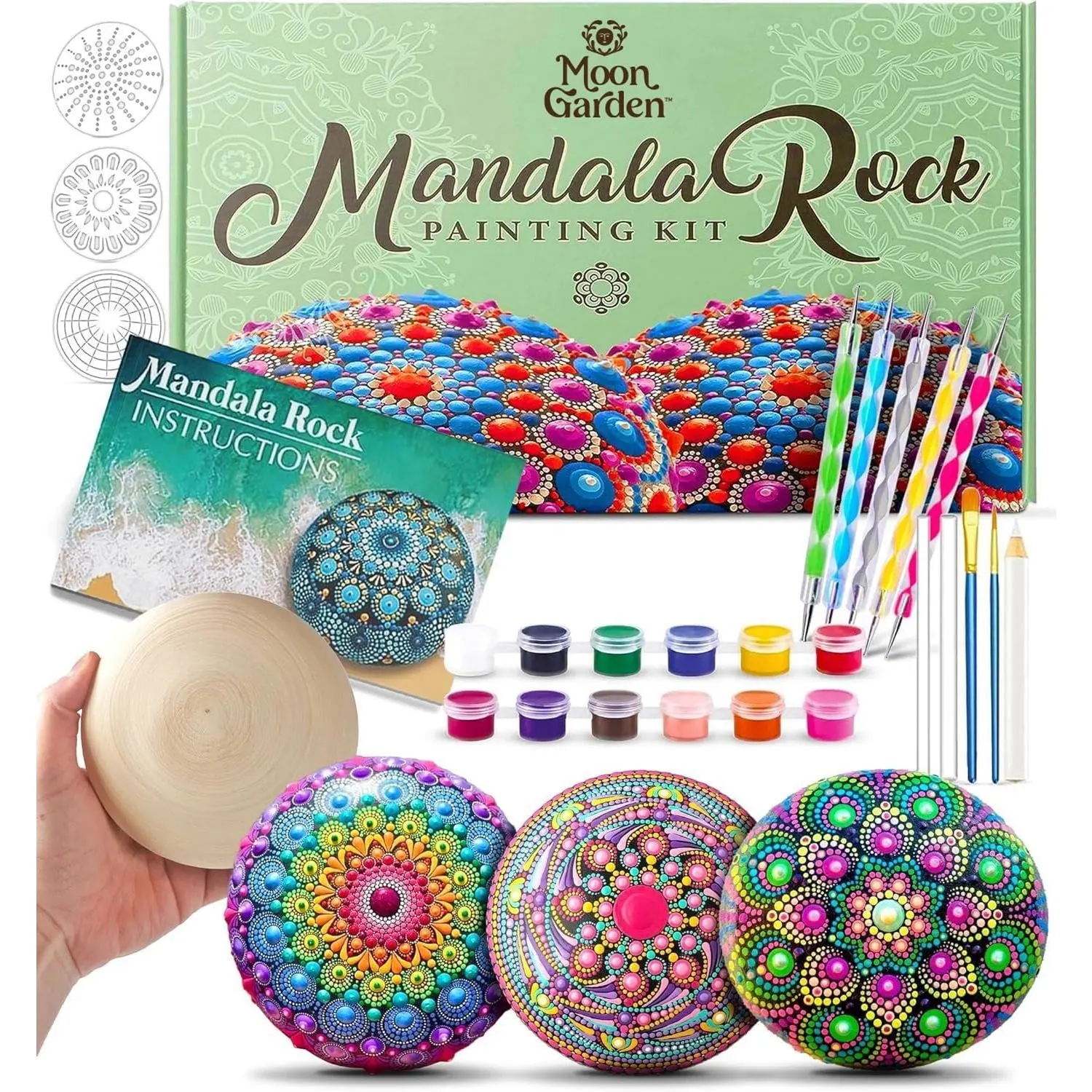 MoonGarden Mandala Rock Painting Kit - Mandala Dotting Tools Kit - Large Wooden Rocks for Painting, Stencils, Acrylic Paints, Dotting Tools for Rocks - Dot Art Kit for Adults & Kids