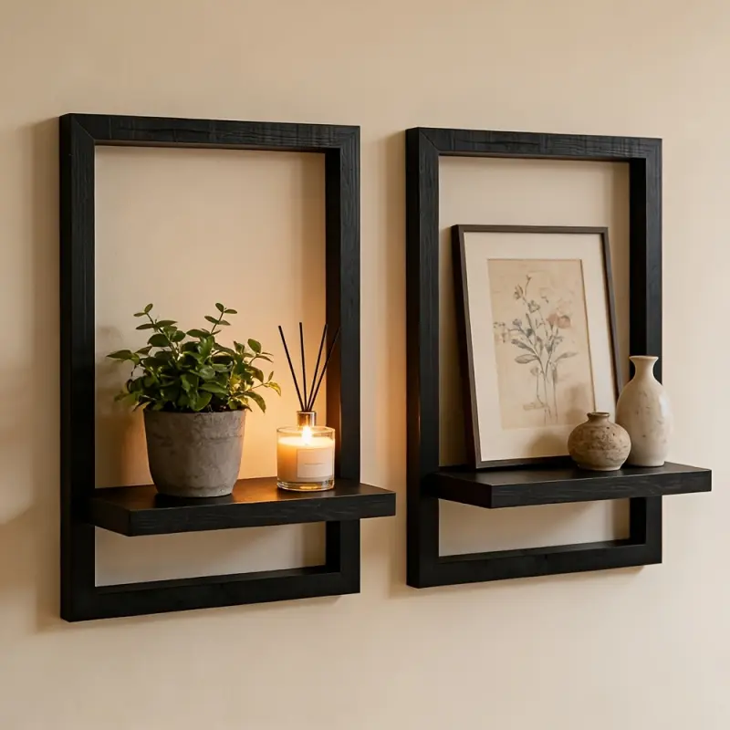2Pcs Black Floating Wall Shelf Retro Wooden Wall Mounted Display Rack Modern Hanging Shelves for Bedroom Living Room Bathroom Space Saving Storage Organizer for Decoration Plants Photos Kitchen Access Room Accessories