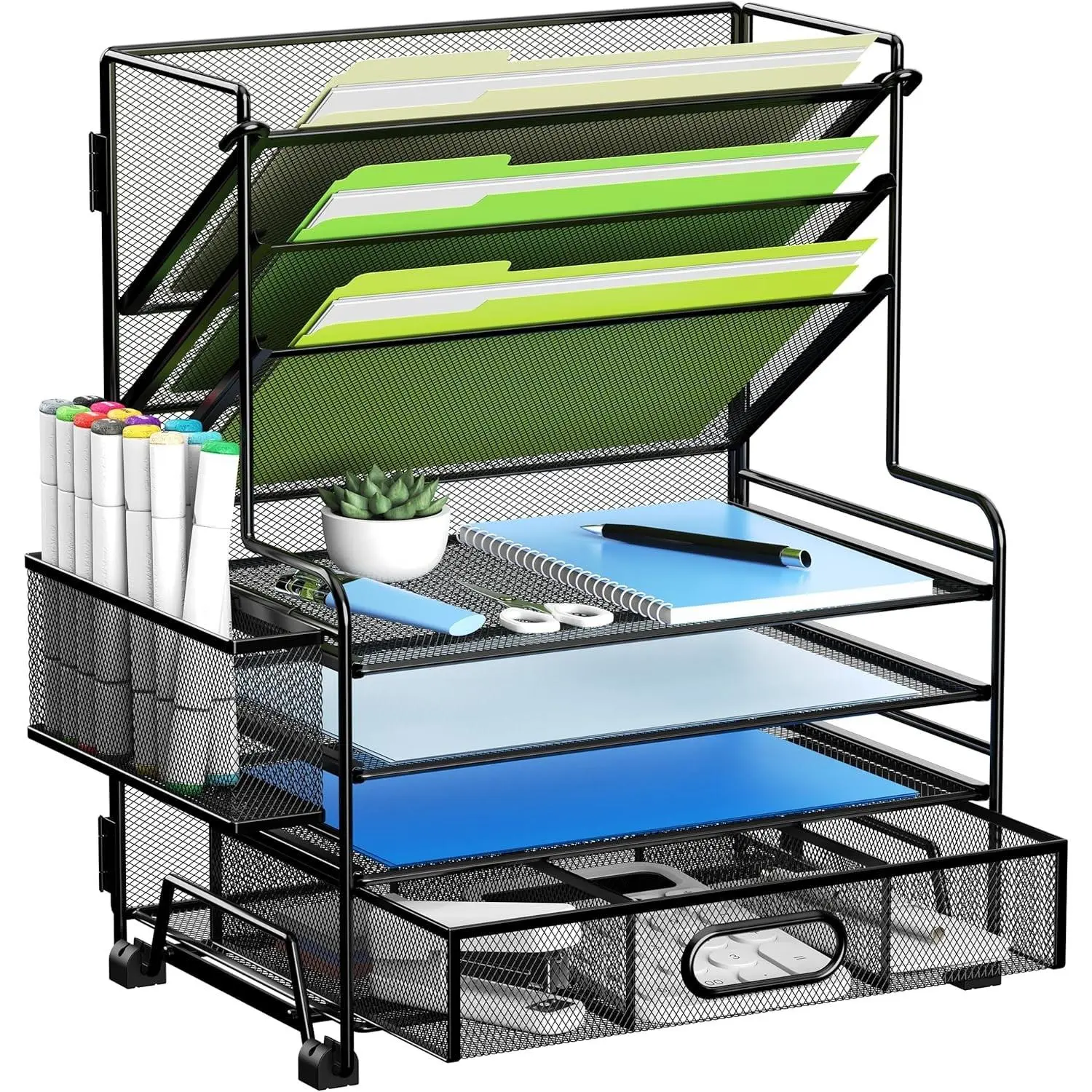 4-Tier Desktop Paper Organizer with 3-Pocket File Holder, Drawer and Pen Holders - Office School Classroom Desk Storage Tray, BlackGift