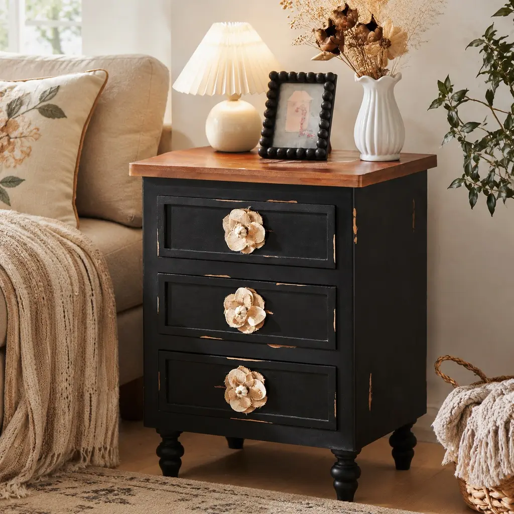 ARCH Vintage Farmhouse End Table with 3 Drawers Floral Knobs, 19" Rustic Nightstand Bedside Table for Bedroom Living Room, Solid Wood+MDF Antique Black/Walnut Accent Sofa Table, Almost Fully Assembled, Antique Black/Walnut Color Options