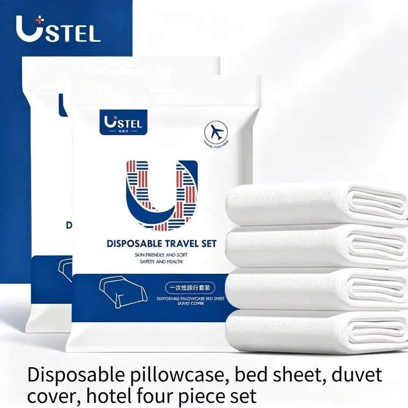 Ustel Disposable Travel Bedding Set, 4-Piece Kit (sheet, Pillowcase, Duvet Cover), Soft and Hygienic, Ideal for Travelers