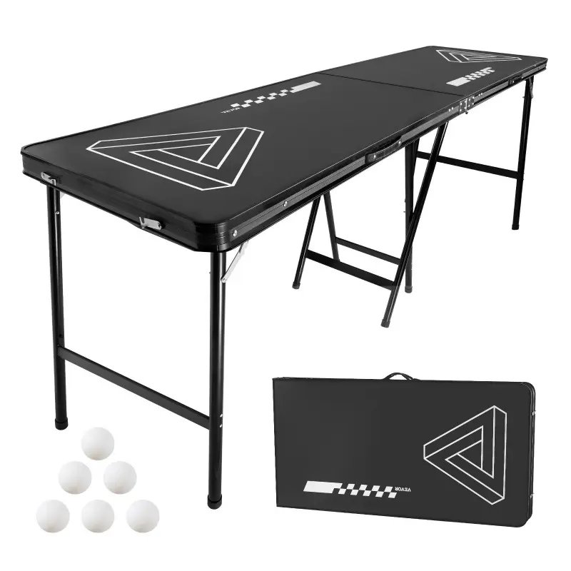 VEVOR 8 Foot Portable Beer Pong Table, Foldable 36 inch Heightened Table,  Carrying Handles and 6 Pong Balls, Lightweight Tailgate Table for Office, Tailgate Party, Travel & Camping, Black