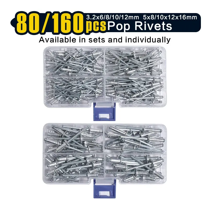 80/160 pcs 4 Sizes Aluminum Blind Rivets(3.2x6/8/10/12mm 5x8/10/12/16mm), Pop Rivets Assortment Kit (Silver)