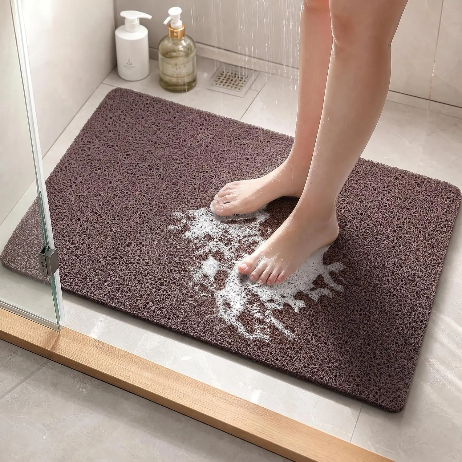 Shower Mat Non Slip, 16 x 24 Inch, Brown Shower Mats for Inside Shower, Soft PVC Loofah Bath Mats for Tub, Quick Drying Easy Cleaning Bathroom Stall Floor Mat Without Suction Cup