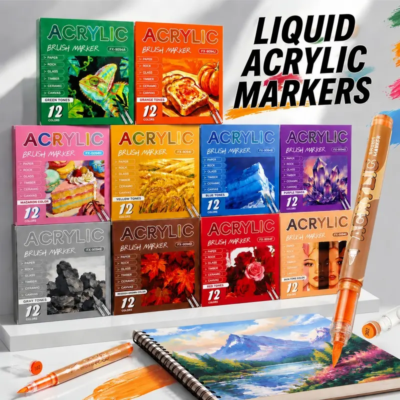 12 Colors Acrylic Brush Markers deliver bold pigments, smooth ink flow, and a premium painting experience. Available in 10 color themes, the quick-drying waterproof acrylic ink works beautifully on multiple surfaces for vibrant artistic creations.