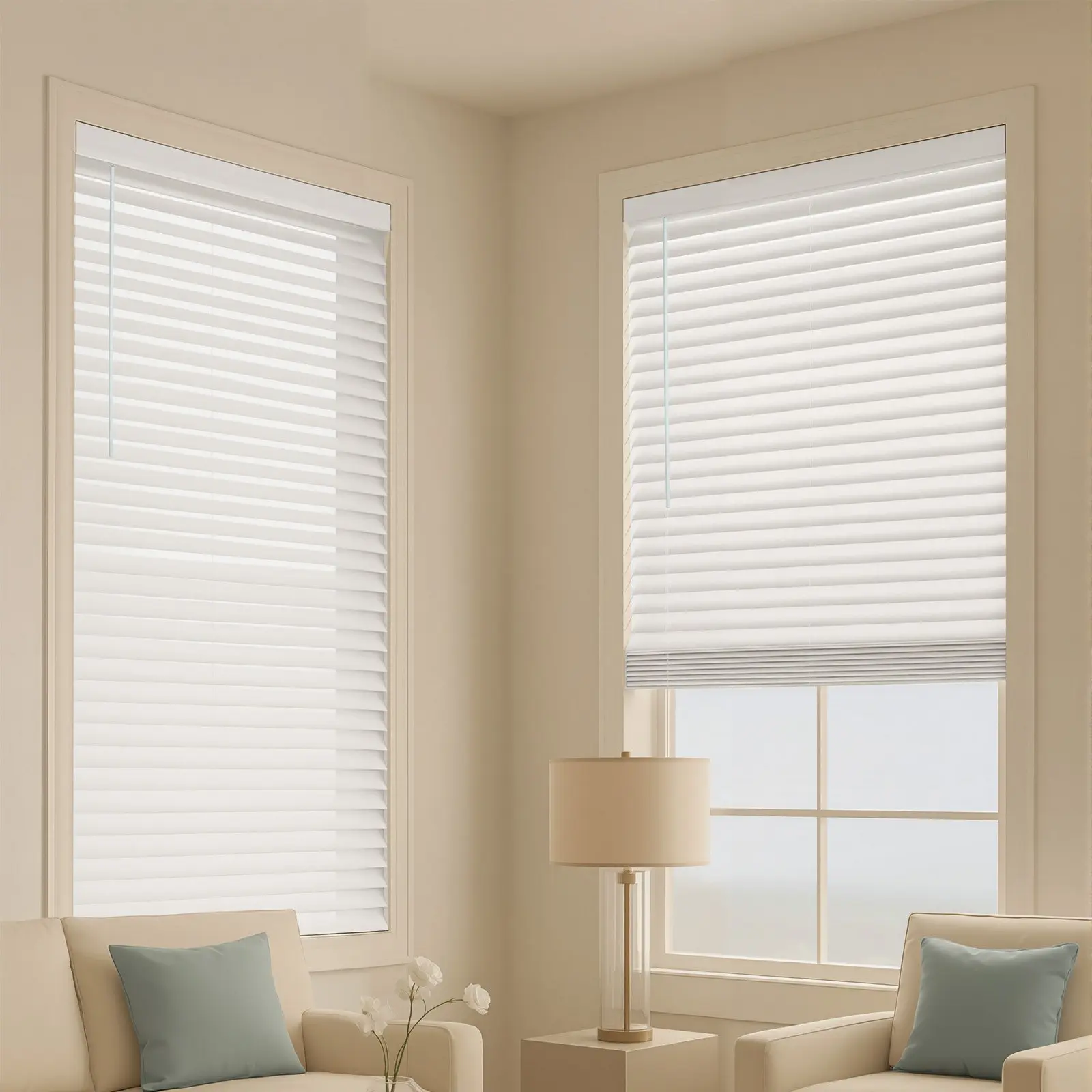 VEVOR PVC Faux Wood Blinds, 2" Slat, 34.5" Wx60" H Cordless Window Blinds with Decorative Board, Waterproof, Easy Installation & Cleaning, Simple Light Adjustment, for Bathroom, Kitchen, Home Interior Windows, White