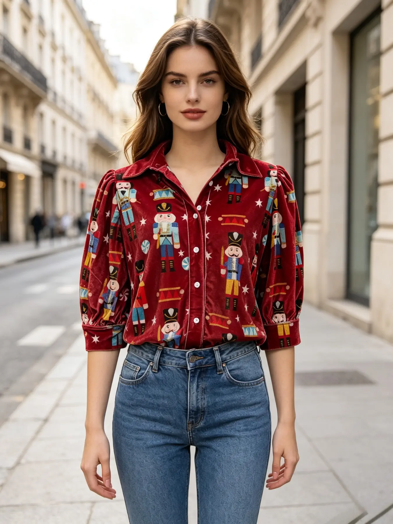 Christmas Nutcracker Print Notch Lapel Top, Festive Holiday Fashion, Unique Design for Special Occasions, Perfect Gift Idea