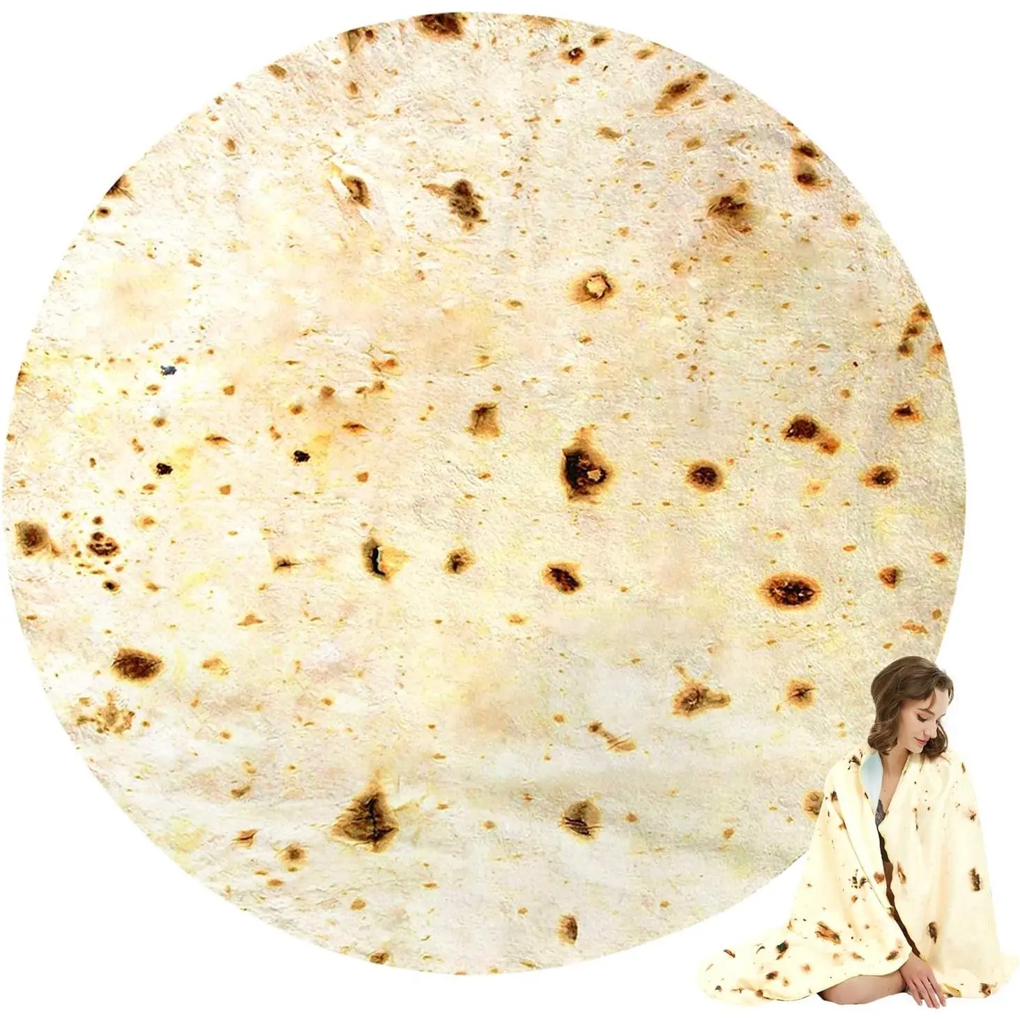 Giant 63" Round Food-Inspired Burritos Tortilla Blanket 2.0 - Double-Sided Synthetic Fabric with Flannel Texture, Modern Travel-Friendly Soft Throw for Indoor Use, One-Piece