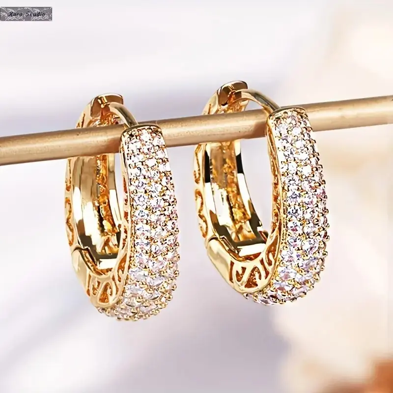 Women's Golden Circular Statement Earrings - Retro Bling Style, Sparkle Inlaid Zirconia, Female Anniversary & Party Fashion Costume Jewelry Accessories, Artificial Zirconia Earrings, Fashionable Jewelry Accessories, Trendy Jewelry, Gold Bling Earrings