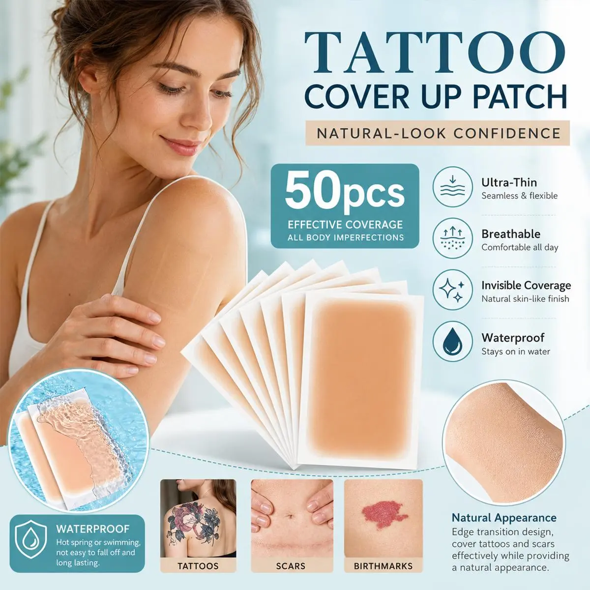 50 Pcs Tattoo Cover Up Patch for Covering Tattoos Scars Birthmarks,Ultra-Thin Breathable Scar cover up patch, Scar Patches, Invisible Skin Tone Concealer Sticker,Waterproof sweatproof tattoo cover,Long lasting Easy to use and remove without residue