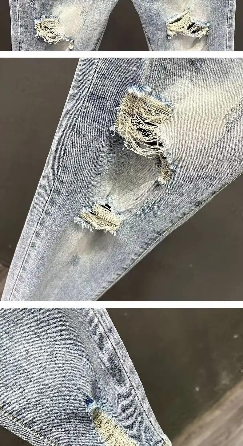 Luxury Fashion Designer Clothes Ripped Jeans Men's Trendy Brand Summer Ruffian Handsome Slim-fit Pants Elastic Thin Pants