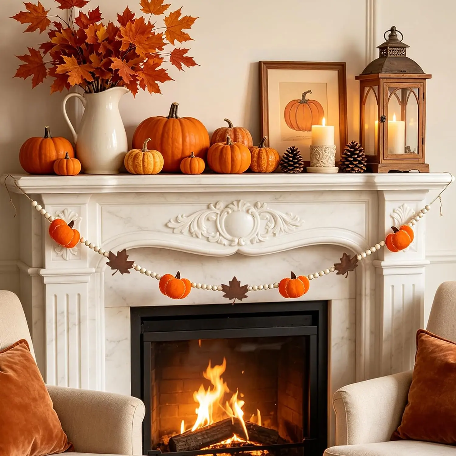 6.8 FT Fall Pumpkin Garland with Maple Leaves and  Beads, Autumn Decor | Felt Harvest Thanksgiving Mantel Decor for Fireplace, Shelf, Doorway, Wall,  Indoor Fall  Decorations